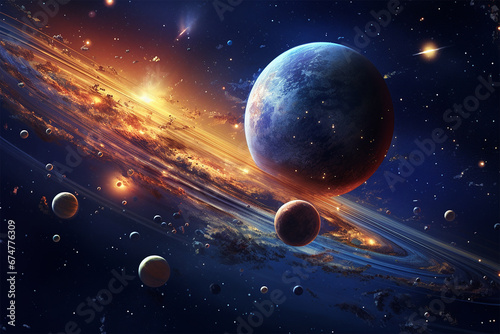 Fantasy sci-fi solar system in deep space: a 3D concept. A ring of fire, spheres and planets in motion. ideal image for astronomy and astrophysics publications. Scifi poster for magazine with earth