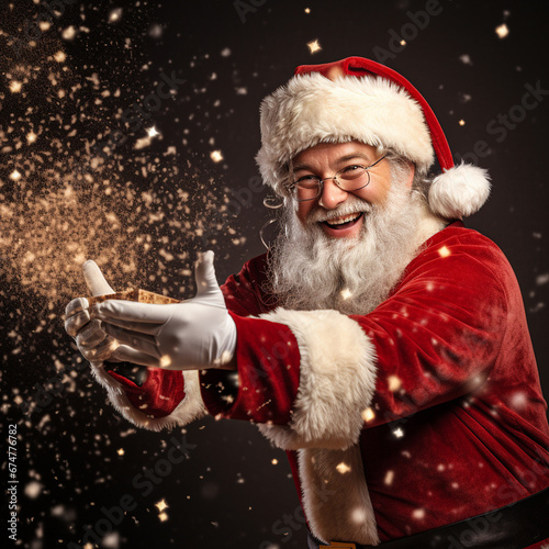 Photo of happy Santa Claus carrying gift boxes