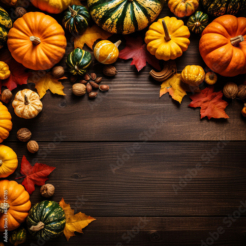Autumn background frame of fall harvest on aged wood with copy space