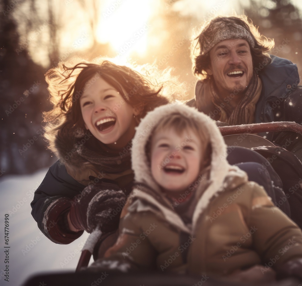 Caucasian Family Sledding In Snow Having Fun Backdrop Generative AI Caucasian Family Sledding In Snow Having Fun Backdrop Generative AI
