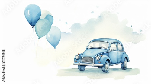 Watercolor illustration for a boy, blue retro car with balloon Invitation Greeting Card