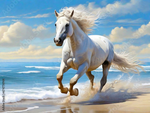 white horse running on the beach