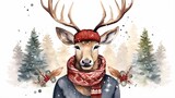 Watercolor illustration of deer, elk portrait in a sweater and hat, christmas print, happy christmas,Christmas balls on the horns