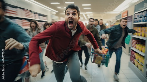 Frenzy Black Friday shoppers running inside shopping mall, crowd of people while shopping during seasonal sales. Diverse people customers rushing for bargains, hunting for discounts, doorbuster