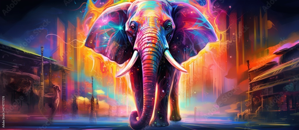 Abstract 3d colorful hologram elephant animal drawing in dark background. AI generated