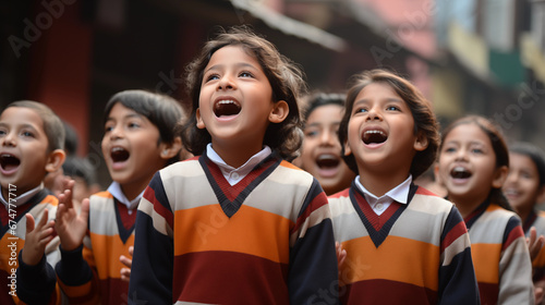 Patriotic School Children: Children dressed in tricolor clothing singing the national anthem at their school's Republic Day celebrations, reflecting the future of India in India Re photo