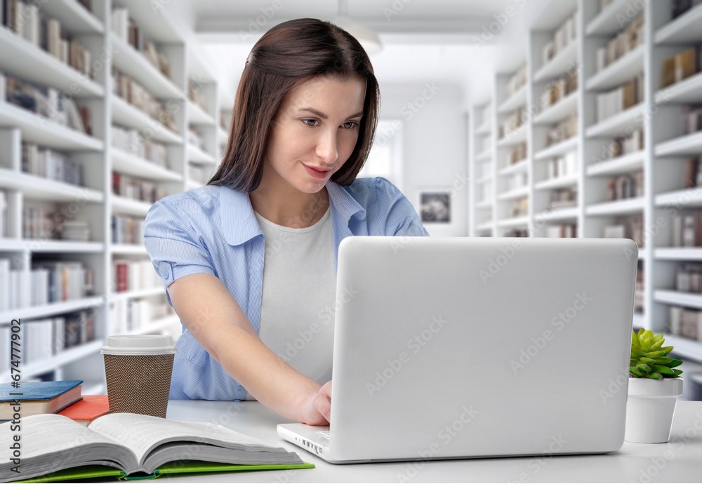 Positive beautiful teenage student watching online class, AI generated image Positive beautiful teenage student watching online class, AI generated image