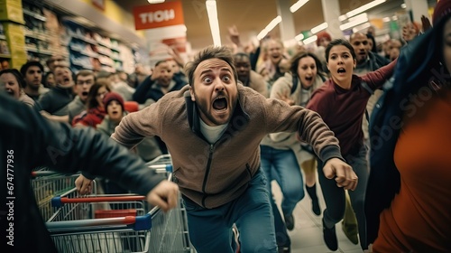 Frenzy Black Friday shoppers running inside shopping mall, crowd of people while shopping during seasonal sales. Diverse people customers rushing for bargains, hunting for discounts, doorbuster
