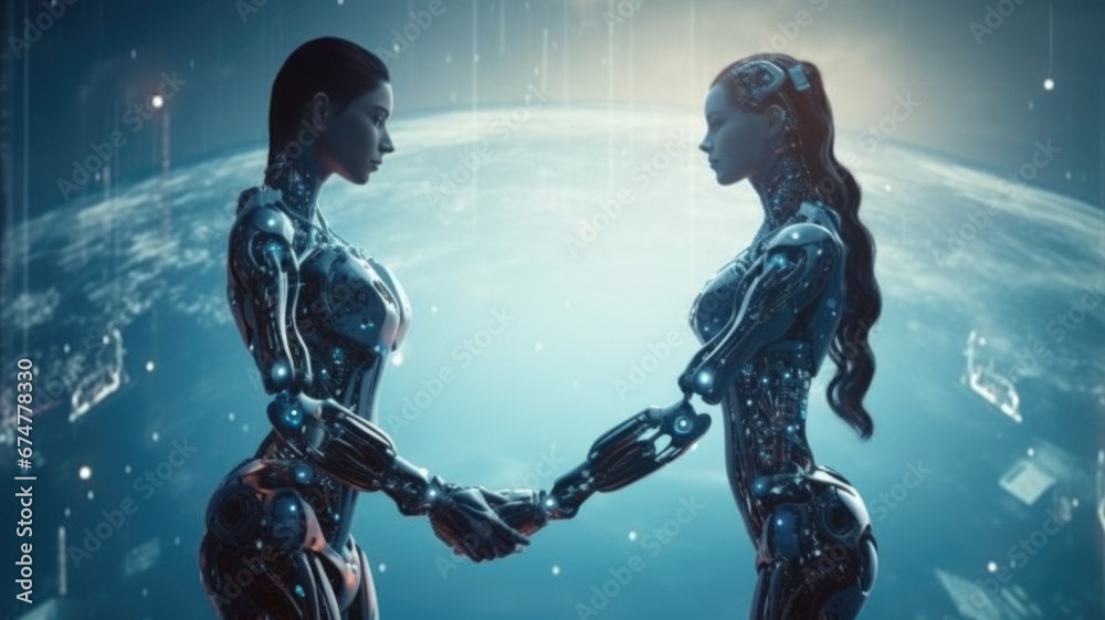 Couple of man and robot girl holding each other's hands on space sky background, imagination of love passion fantasy between human and AI. Generative AI image weber. - obrazy, fototapety, plakaty 
