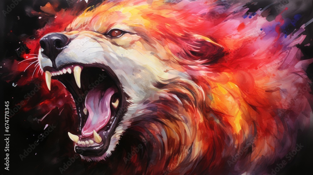 a painting of a lion with its mouth open and it's teeth painted red ...