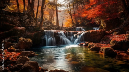 Waterfall view in autumn The autumn colors surrounding the waterfall offer a visual feast colorful leaves of autumn 