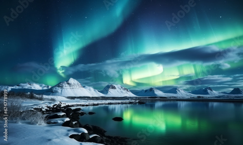 Dramatic landscape with beautiful Northern Lights, Aurora borealis light show in the sky © ink drop