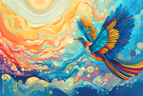Fliegender Vogel in den Wolken -  Farbenfrohe Vögel ähnlich Holzschnitt oder Linolschnitt photo