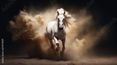 White andalusian horse in desert dust against dark background