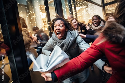 Midnight Black Friday shopping spree, with shoppers jostling to grab discounted products, devices, clothes in a shopping center, seasonal sales. Diverse people customers rushing for bargains, hunting