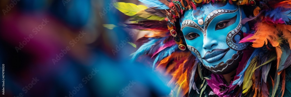 Man in bright carnival clothes with a mask. The mask is decorated with feathers and patterns