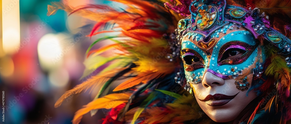 Man in bright carnival clothes with a mask. The mask is decorated with feathers and patterns