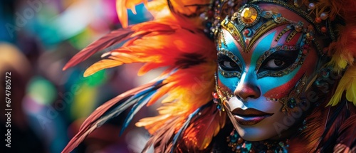Man in bright carnival clothes with a mask. The mask is decorated with feathers and patterns © ColdFire