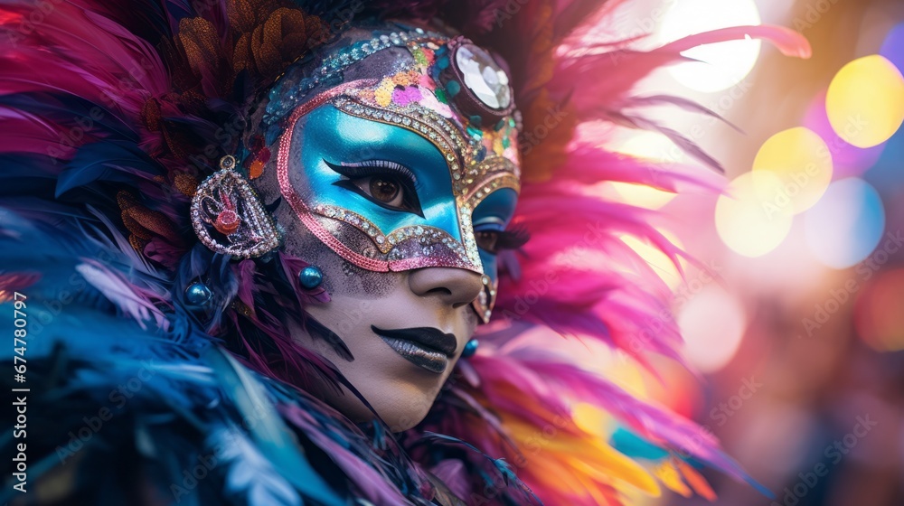 Man in bright carnival clothes with a mask. The mask is decorated with feathers and patterns Man in bright carnival clothes with a mask. The mask is decorated with feathers and patterns