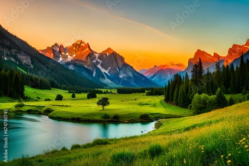 A serene summer day landscape with a meandering river flowing through a lush green valley - AI Generative