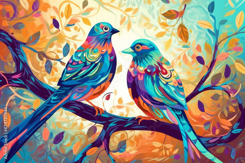 Farbenfrohe Vögel ähnlich Holzschnitt oder Linolschnitt photo