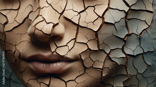 Woman face with cracked earth pattern