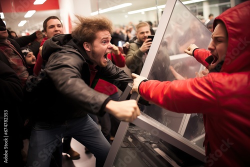 Chaos on Black Friday. People fighting over products at the store, People bargain hunters fighting photo