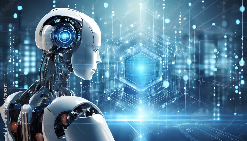 Concept of Artificial Intelligence or AI, Binary code and humanlike features. Innovative business movement in Technology, Communication and Information