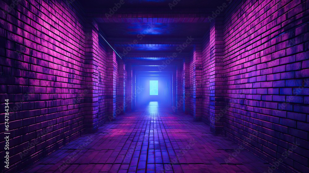 Brick wall corridor bathed in alternating neon glows, leading to an unknown destination Ai Generative