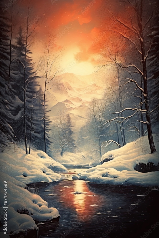 Obraz premium Winter landscape. River in the mountains at sunset. Generative Ai