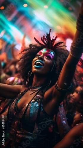 Dark-skinned people dance at a colorful carnival