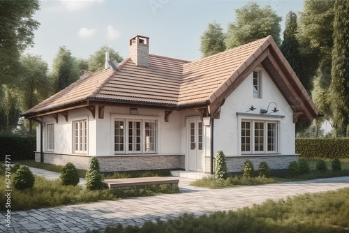 Private house with white walls and tile roof. Traditional bungalow architecture