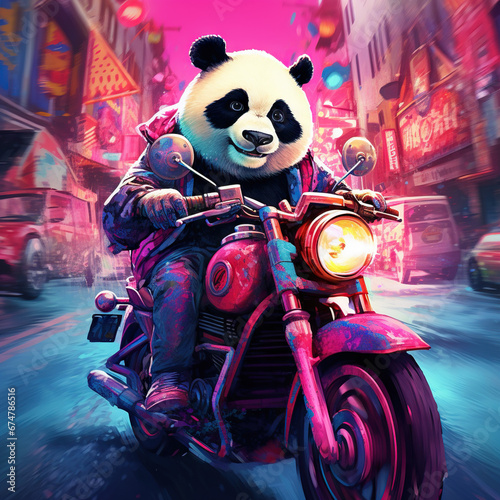 cool smiling panda in pink bike future world vibran