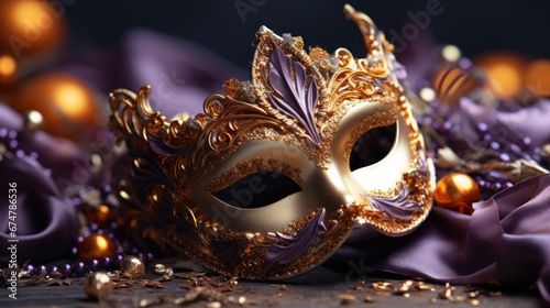 Golden carnival mask on a purple background