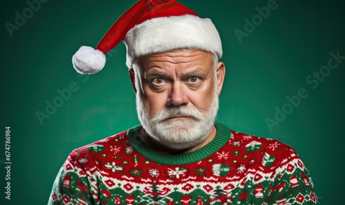 Studio portrait of modern Santa Claus in Christmas ugly sweater, in santa hat. Bearded man over the green wall, copy space for text. Festive background. x-mas, Happy New Year, holiday love