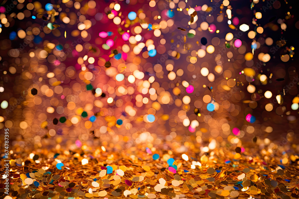 rain of golden confetti on dark background