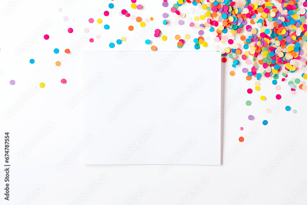 empty note mockup on white background surrounded of colorful confetti empty note mockup on white background surrounded of colorful confetti