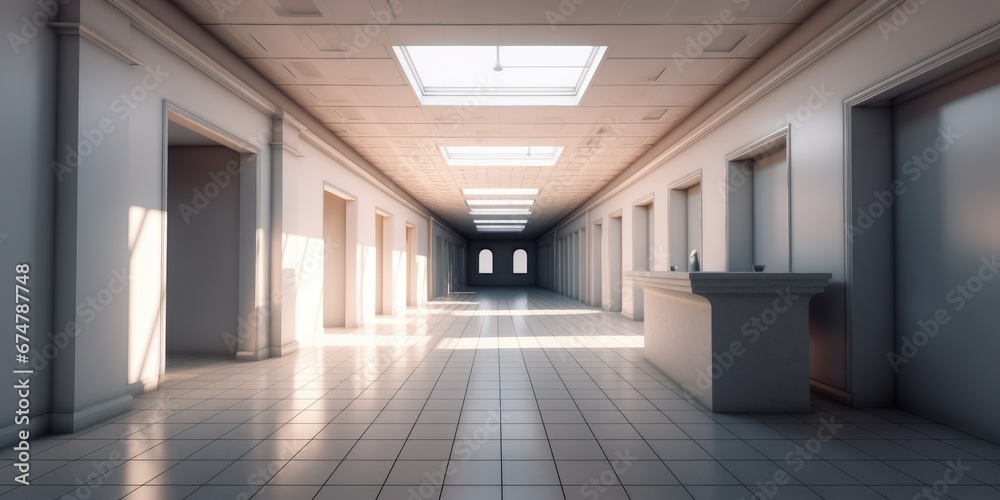 Empty hallway interior background in white tone color with sunlight. Generative AI image AIG30.