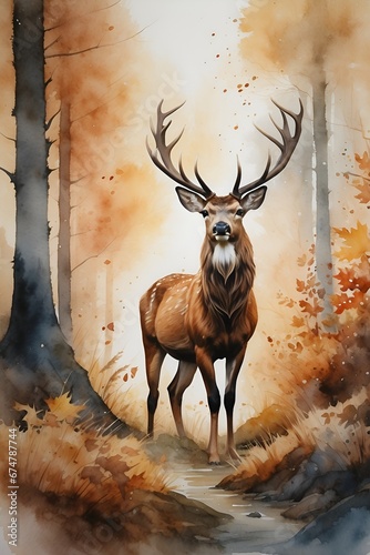 Watercolour painting of majestic stag deer in wooden forest in autumn time  photo