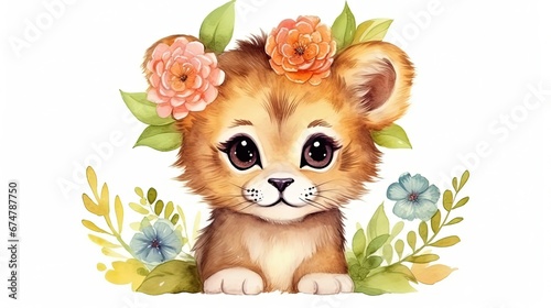 watercolor style illustration of happy baby lion in flower blossom garden, idea for home wall decor, kid room, Generative Ai