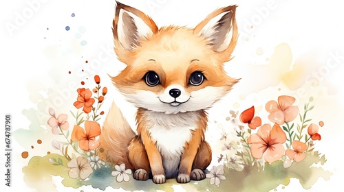 watercolor style illustration of happy baby fox in flower blossom garden, idea for home wall decor, kid room, Generative Ai