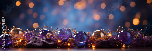 Dark Christmas tree decorations, Christmas baubles in dark purple and gold colors on a magical background, graphic intended for a banner or Christmas card photo