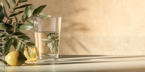 Drink in a glass on a table with lemons and plant - mediterrenean vibes photo