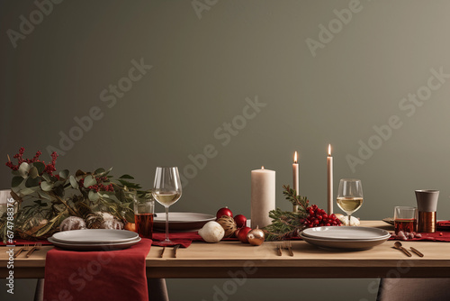 Modern minimal Christmas dinner table decoration - home decor, sage green, red