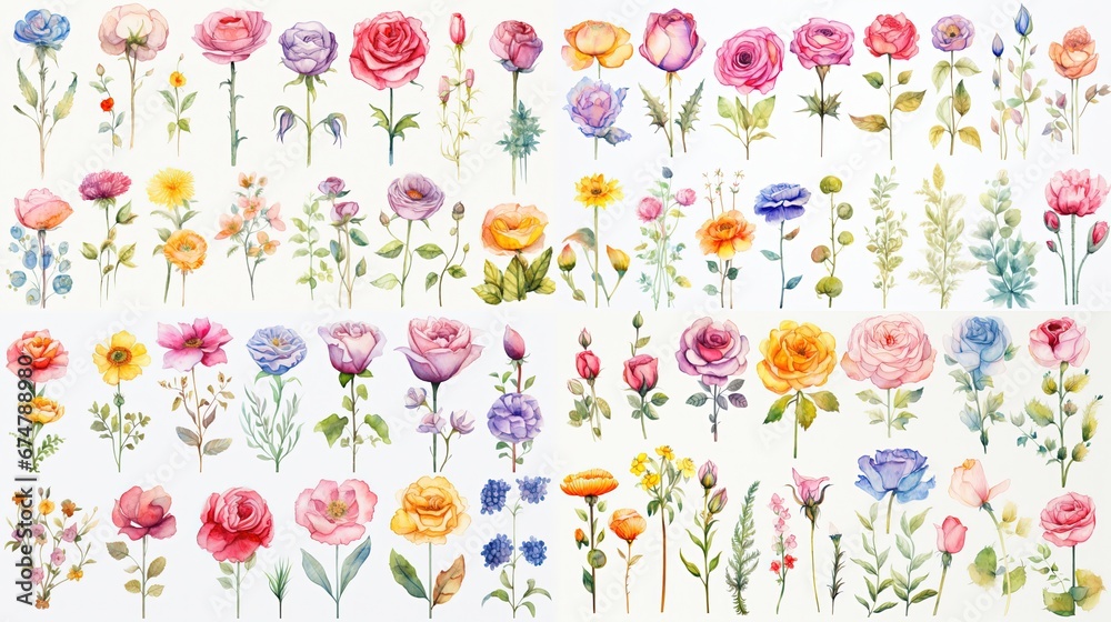 watercolor illustration of rose branch and other flowers collection set, Generative Ai