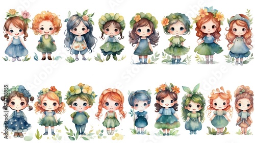 watercolor style cartoon illustration of group of cute girl in flower field, idea for best friend forever concept, collection set, Generative Ai	
