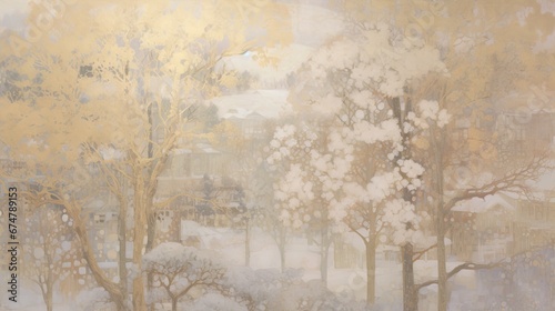 Snow covered trees, winter forest or park landscape in gold, pale brown colors. Rich textures of barks, leaves, nature for all season cards. Copy text. © Caphira Lescante