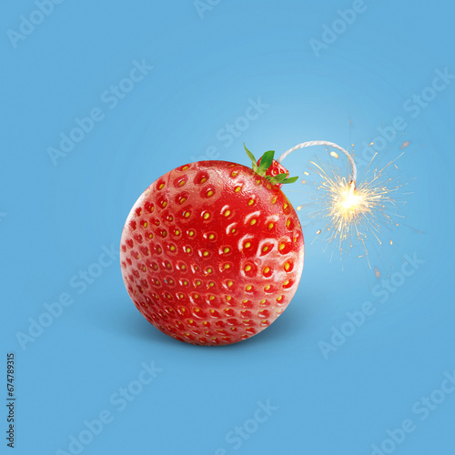 Creative strawberry bomb with wick and sparks burning on a blue background. Vitamins, summer and explosion, creative idea. Healthy food and fruits, concept