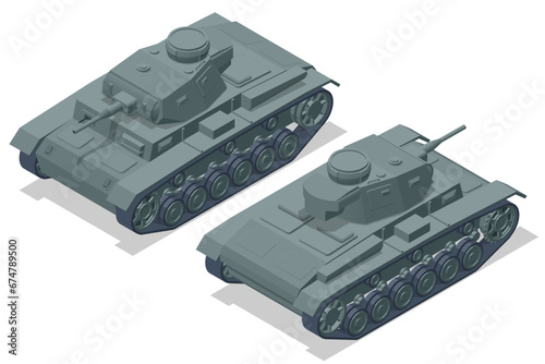 Isometric Germany Tank, Pz.Kpfw.III Ausf F. Armoured fighting vehicle designed for front-line combat, with heavy firepower photo