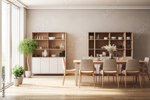 Modern Scandinavian Dining Room Interior Design with Cupboard © artchvit